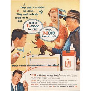 1959 L&M Cigarettes Vintage Print Ad Monkey Organ Grinder Street Performer Photo